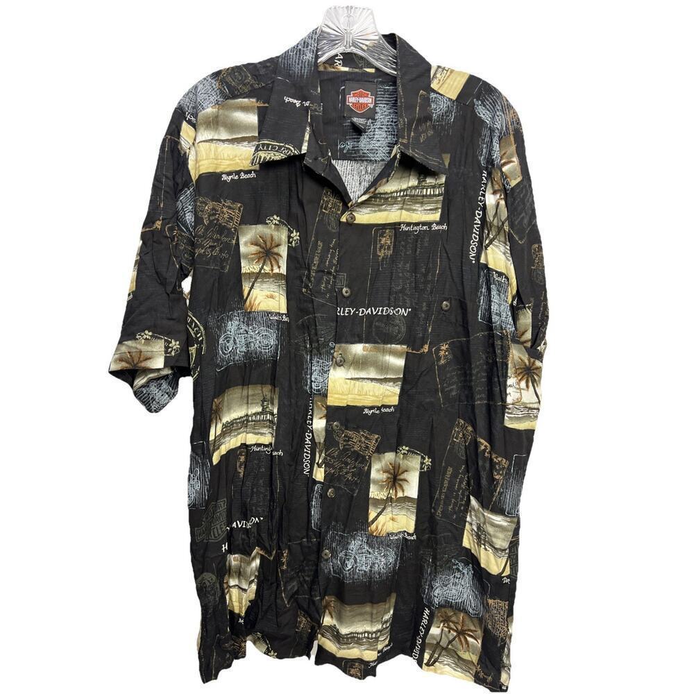 Harley Davidson Hawaiian Camp Shirt Men Sz Large Viscose All Over Print